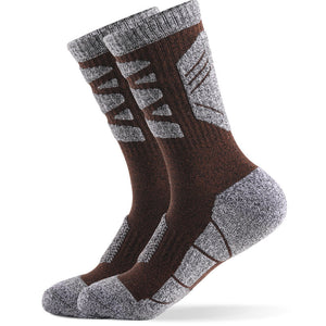 Brown cushioned hiking crew socks with moisture-wicking cotton for trail comfort