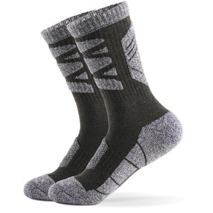 Green cushioned hiking crew socks featuring reinforced toe and heel protection