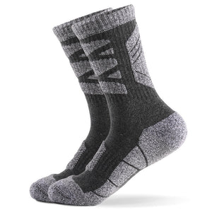 Grey cushioned hiking crew socks made with 80% cotton blend for breathability