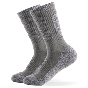 Light grey cushioned hiking crew socks ideal for hiking boots and trail shoes