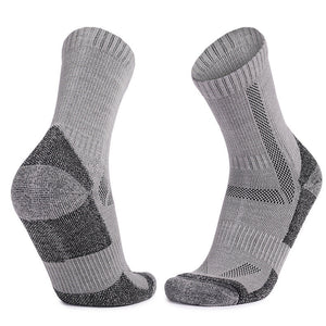 Grey merino wool cushioned hiking crew socks with reinforced heel and toe for long-distance comfort