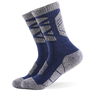 Navy blue cushioned hiking crew socks with reinforced heel and toe padding for men