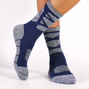Men wearing navy hiking crew socks with outdoor walking support and cushioned comfort