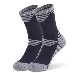 Navy blue thick cushioned hiking crew socks with supportive fit and shock-absorbing sole