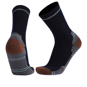 Black and brown merino wool hiking crew socks featuring arch support and ventilation for all-day comfort