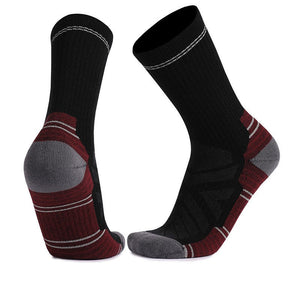 Black and red merino wool thick padded hiking socks with temperature-regulating performance for outdoor adventures