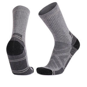 Merino wool thick padded hiking crew socks in gray and black with moisture-wicking cushioned design