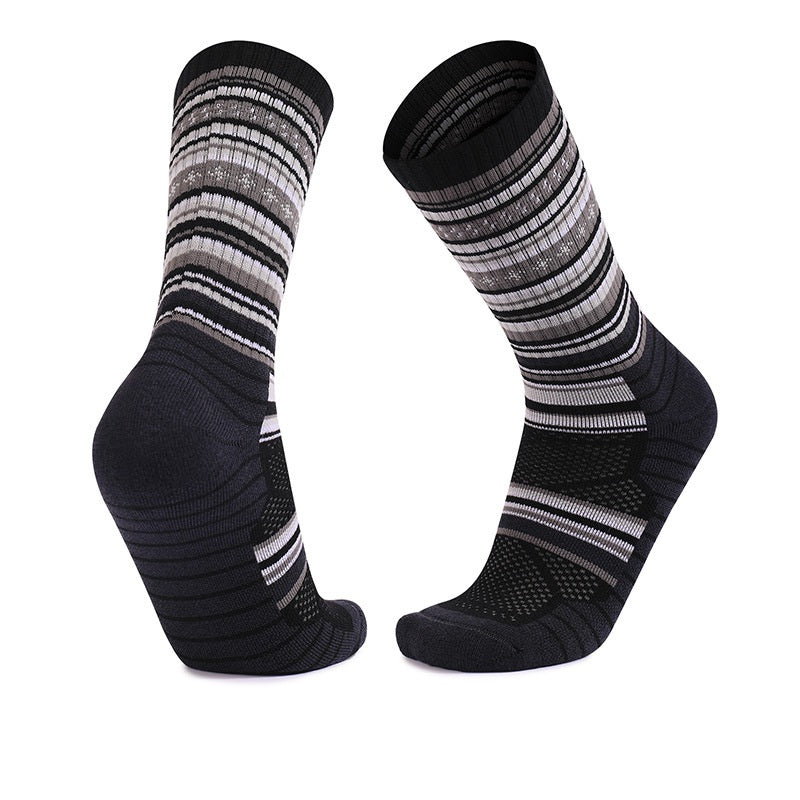 Black merino wool thick sole hiking crew socks featuring moisture-wicking and anti-slip design for trails