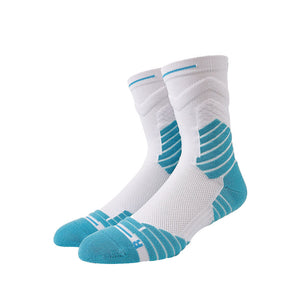 White compression basketball crew socks with light blue stripes featuring thick padding and arch support
