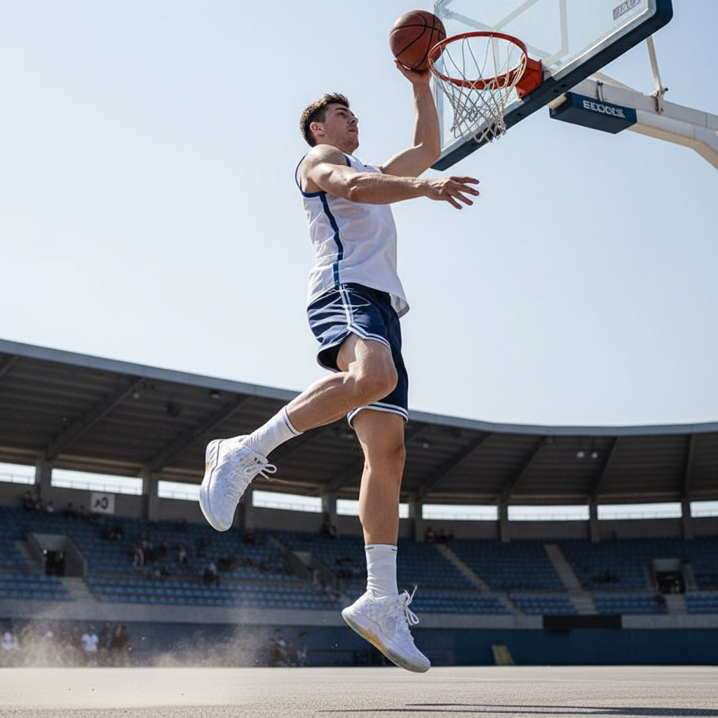 Basketball players wearing blue and white striped socks