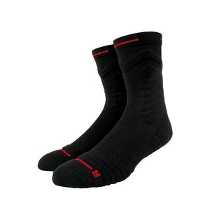 Black thick padded athletic crew socks with red stripes moisture-wicking technology for sports