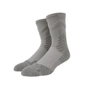 Grey compression athletic crew socks with dark gray stripes cushioned sole for basketball and running