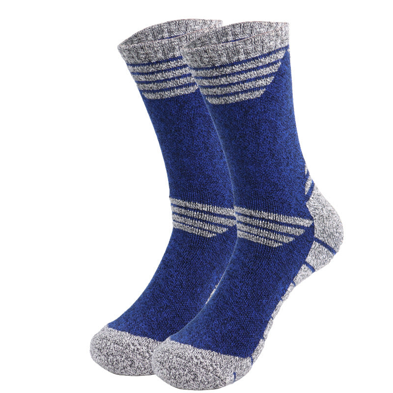 Navy blue thick cushioned hiking crew socks with supportive fit and shock-absorbing sole