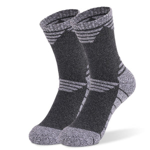 Dark gray thick cushioned crew socks with odor-resistant technology for hiking and outdoor activities