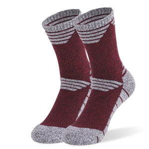 Dark red men's thick cushioned hiking socks featuring warm and sweat-wicking properties