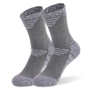 Light gray men's thick cushioned hiking socks made with 80% cotton blend for breathability