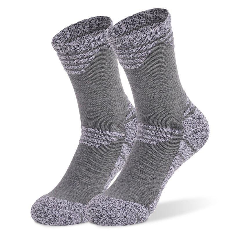 Light gray men's thick cushioned hiking socks made with 80% cotton blend for breathability