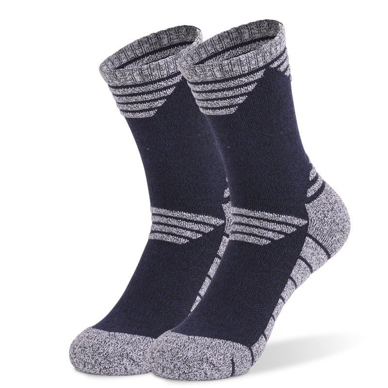 Navy blue thick cushioned hiking crew socks with supportive fit and shock-absorbing sole