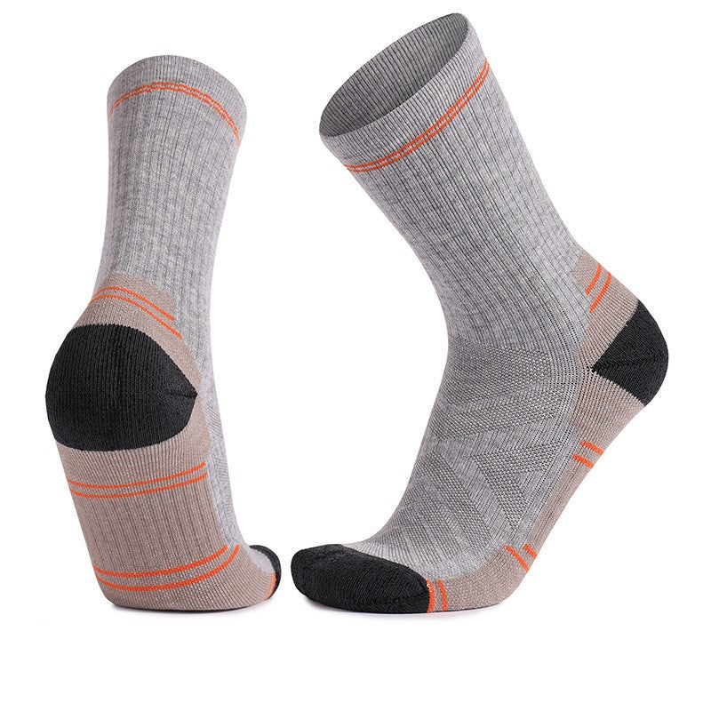 Gray merino wool hiking crew socks with orange details lightweight breathable and sweat-wicking design
