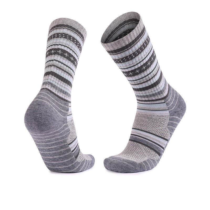 Gray merino wool thick sole crew socks with reinforced cushioning for joint stress reduction during hiking