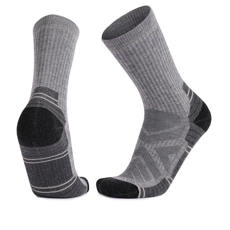 Merino wool thick padded hiking crew socks in gray and black with moisture-wicking cushioned design