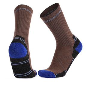 Merino wool crew hiking socks in brown with blue accents featuring 63% wool blend for long-distance trails