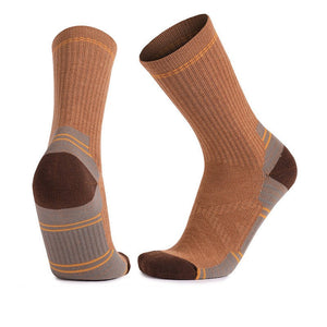 Light brown merino wool thick padded crew socks with cushioned support for mountain hiking and trekking