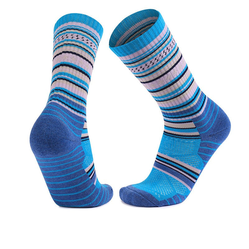 Sky blue merino wool hiking crew socks with thick sole and temperature-regulating properties for all-day comfort