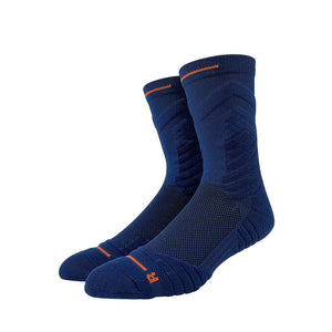 Navy blue basketball compression socks with orange stripes featuring arch support and fatigue reduction