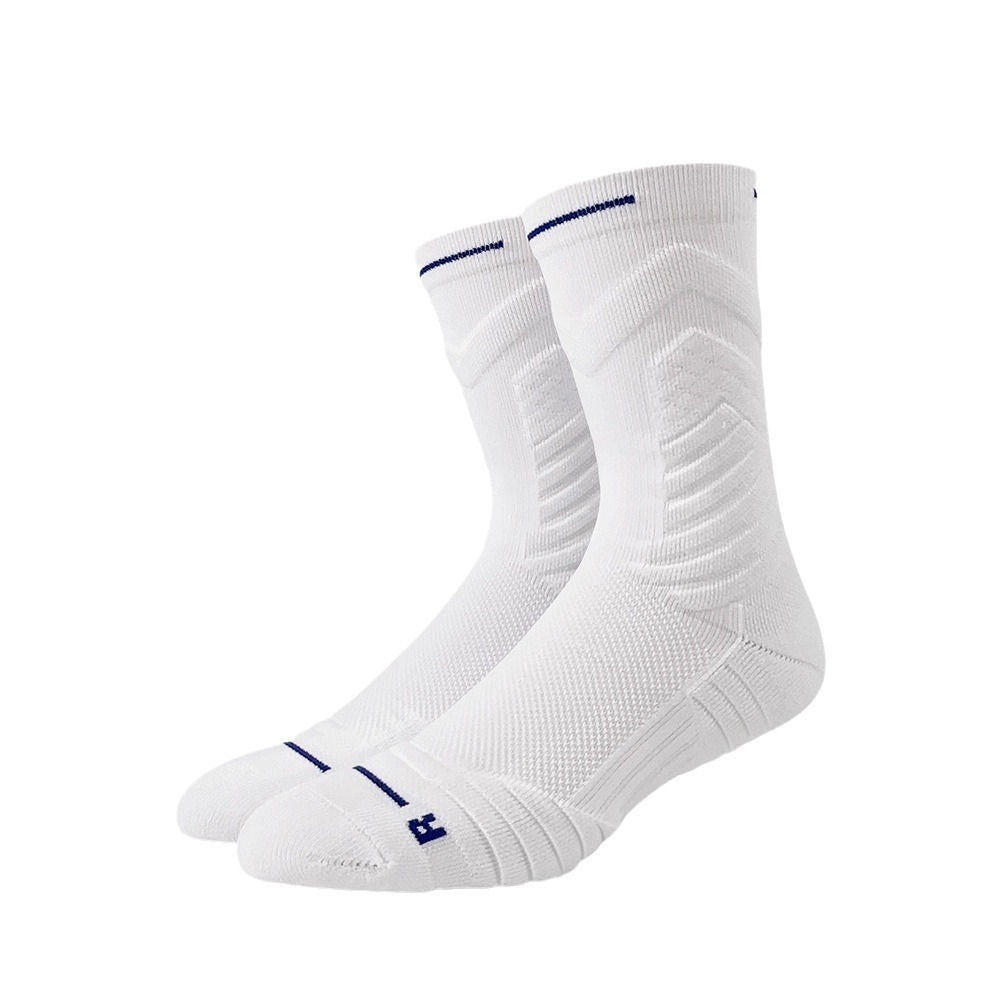 White athletic crew socks with navy stripes and cross symbol moisture-wicking compression design