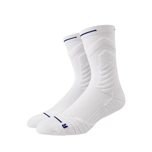 White athletic crew socks with navy stripes and cross symbol moisture-wicking compression design